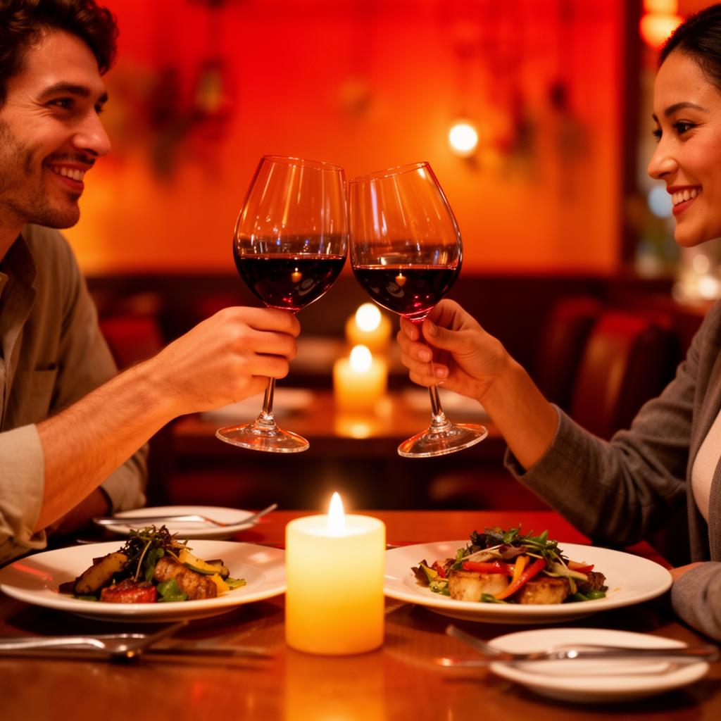 Two people clinking wine glasses at a candlelit dinner
