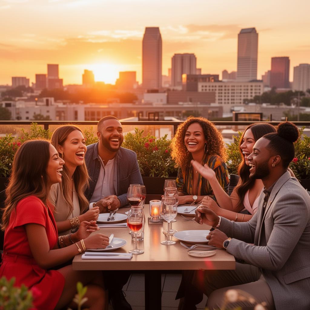 Group of friends laughing at a rooftop dinner in Atlanta at sunset
