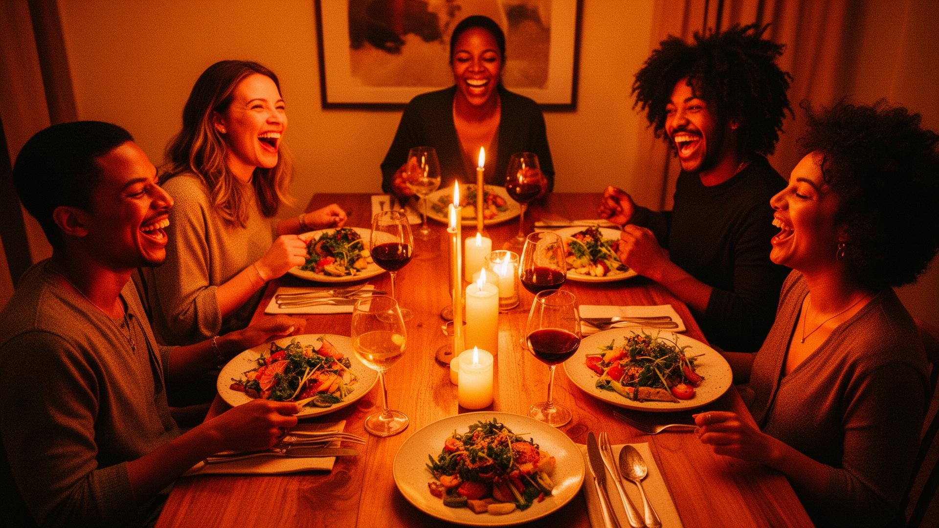 Six friends laughing around a candlelit dinner table