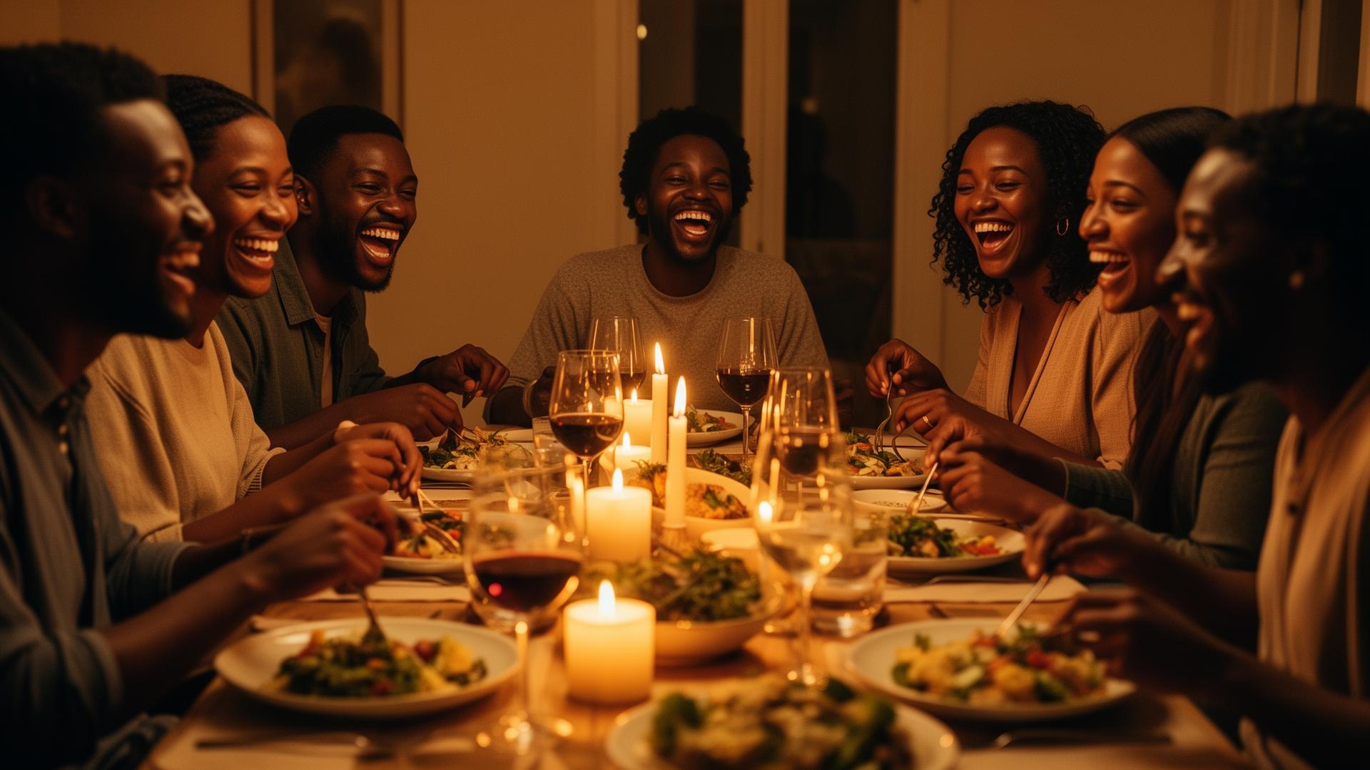 A diverse group of friends laughing together around a warm, candlelit dinner table